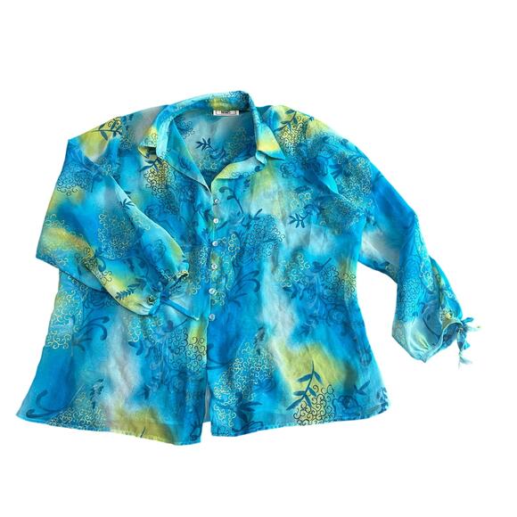 TOTO- XL- see measurements- blue green coastal fairycore- semi sheer button up - Picture 1 of 5